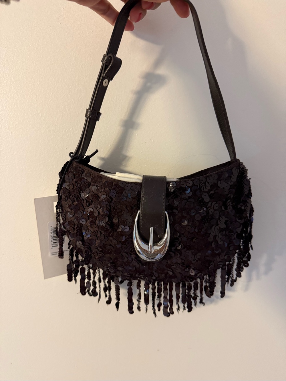STAUD Alana Sequin Fringe Shoulder Bag Espresso Brown NWT $295